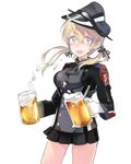  alcohol anchor_hair_ornament aqua_eyes beer beer_mug blonde_hair blush cup fujibejifu gloves hair_ornament hat holding holding_cup kantai_collection long_hair long_sleeves microskirt military military_uniform open_mouth peaked_cap prinz_eugen_(kantai_collection) simple_background skirt smile solo twintails uniform white_background white_gloves 