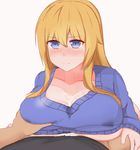  1girl blonde_hair blue_eyes breasts cum large_breasts long_hair nao_(izuripai) nao_(ritsancrossover) paizuri paizuri_over_clothes paizuri_under_clothes simple_background wet wet_clothes 