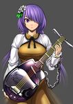  adapted_object ayakumo biwa_lute breasts chain crescent dress expressionless flower grey_background hair_flower hair_ornament hair_over_one_eye holding instrument long_hair long_sleeves looking_at_viewer lute_(instrument) medium_breasts mole mole_under_eye neck_ribbon purple_eyes purple_hair ribbon simple_background skirt solo touhou tsukumo_benben twintails upper_body 