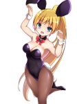  1girl absurdres alice360 animal_ears armpits bare_shoulders blonde_hair blush breasts bunny_ears bunny_tail bunnysuit cleavage collarbone elsword eyebrows_visible_through_hair highres long_hair medium_breasts ponytail ribbon smile tail 