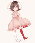  animal_ears arms_behind_back barefoot black_hair bloomers bunny_ears carrot carrot_necklace dress full_body inaba_tewi jewelry pendant pink_background pink_dress red_eyes short_hair simple_background smile solo touhou underwear yujup 