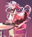  41y_(yooichiwai) bandaged_arm bandages bow chair detached_sleeves electric_guitar guitar hair_ornament highres instrument kneeling lace lace-trimmed_skirt long_hair original pink_eyes pointy_ears single_sleeve skirt solo table very_long_hair white_hair 