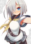  9law armpit_peek between_breasts black_legwear blue_eyes blush breasts cowboy_shot hair_ornament hair_over_one_eye hairclip hamakaze_(kantai_collection) kantai_collection large_breasts looking_at_viewer neckerchief pantyhose school_uniform serafuku short_hair short_sleeves silver_hair skirt smile solo strap_cleavage yellow_neckwear 