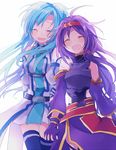  :d ^_^ asuna_(sao) asuna_(sao-alo) bcoca black_legwear blue_eyes breastplate closed_eyes fingerless_gloves gloves hairband highres long_hair multiple_girls open_mouth purple_hair smile sword_art_online tears thighhighs yuuki_(sao) zettai_ryouiki 