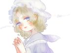  blonde_hair dress hands_clasped hat maribel_hearn own_hands_together purple_eyes ribbon short_hair solo touhou yujup 