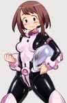  774_(nanashi) bangs belt blush bodysuit boku_no_hero_academia boots bracer breasts brown_eyes brown_hair clenched_hand cowboy_shot embarrassed grey_background headwear_removed helmet helmet_removed holding impossible_bodysuit impossible_clothes legs_apart looking_at_viewer shiny shiny_clothes short_hair sidelocks simple_background small_breasts solo sweatdrop thigh_boots thighhighs uraraka_ochako wavy_mouth 