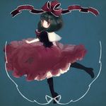  balancing blue_background bow dress frills front_ponytail green_hair hair_bow hair_ornament hair_ribbon kagiyama_hina long_hair red_eyes ribbon simple_background skirt_hold solo touhou yujup 