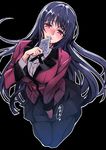  bangs between_legs black_background black_hair black_legwear blazer blush breasts card from_above full_body hand_between_legs head_tilt heart holding jabami_yumeko jacket kakegurui large_breasts long_hair long_sleeves looking_at_viewer matsuryuu naughty_face necktie nose_blush onomatopoeia outline pantyhose parted_lips playing_card pleated_skirt red_eyes school_uniform seiza shirt simple_background sitting skirt sleeve_cuffs solo speech_bubble spoken_heart sweat very_long_hair 