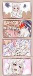  1girl 4koma blush breast_licking breasts brown_eyes brown_sclera comic covering covering_breasts dunceneygak face food hetero highres ice_cream licking long_hair medium_breasts nude open_mouth original personification silent_comic snot tongue tongue_out trembling ugly_man wavy_mouth white_hair white_skin 