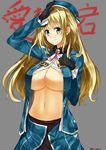  atago_(kantai_collection) beret black_gloves blonde_hair breasts character_name cleavage cowboy_shot gloves green_eyes grey_background hat highres isshiki_(ffmania7) kantai_collection large_breasts long_hair long_sleeves looking_at_viewer military military_uniform navel no_bra open_clothes open_shirt pantyhose salute shirt simple_background smile solo stomach twitter_username underboob uniform 