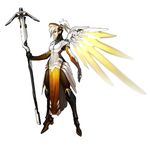  arnold_tsang blonde_hair high_ponytail highres looking_at_viewer mechanical_wings mercy_(overwatch) official_art overwatch pantyhose short_hair simple_background solo staff swiss_flag weapon wings yellow_wings 