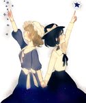  blonde_hair bow brown_eyes brown_hair dress hair_bow hat holding_hands long_hair maribel_hearn multiple_girls open_mouth pointing pointing_up short_hair skirt smile star touhou usami_renko yellow_eyes yujup 