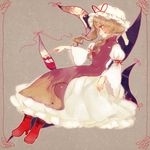  blonde_hair boots bow cross-laced_footwear gap hair_bow hat lace-up_boots maribel_hearn pointing ribbon short_hair smile solo tabard touhou usami_renko yakumo_yukari yellow_eyes yujup 