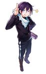  &gt;_o ;q black_hair blue_eyes highres jacket jersey male_focus noragami one_eye_closed pants pen_(steelleets) scarf simple_background solo standing star tongue tongue_out track_jacket track_pants white_background yato_(noragami) 