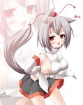  animal_ears bare_shoulders blush breasts covered_nipples detached_sleeves fang hat heart highres inubashiri_momiji large_breasts open_mouth pom_pom_(clothes) red_eyes short_hair sideboob silver_hair simple_background solo tail tokin_hat touhou uhyo_(uhyoahya) white_background wolf_ears wolf_tail zoom_layer 