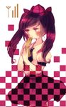  brown_eyes brown_hair cellphone checkered hat himekaidou_hatate long_hair necktie phone ribbon signal_bar skirt solo tokin_hat touhou twintails yujup 