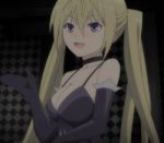  1girl bare_shoulders blonde_hair blush breasts cleavage elbow_gloves gloves lieselotte_sherlock long_hair medium_breasts open_mouth purple_eyes screencap solo tongue trinity_seven twintails very_long_hair violet_eyes 