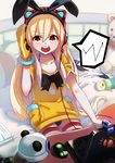  alternate_costume animal_ears bed black_panties blonde_hair blush breasts bus7 cat_ear_headphones cat_ears computer desk dress headphones kantai_collection laptop listening_to_music long_hair mittens mouse_(computer) open_mouth panties pantyshot pantyshot_(sitting) shimakaze_(kantai_collection) short_dress sitting small_breasts solo striped striped_legwear stuffed_animal stuffed_toy sweatdrop teddy_bear thighhighs underwear webcam 