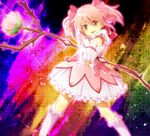  akasata bow bow_(weapon) frills gloves hair_bow kaname_madoka kneehighs magical_girl mahou_shoujo_madoka_magica pink_bow pink_eyes pink_hair rainbow_background short_hair short_twintails skirt smile solo standing twintails weapon white_legwear 