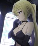  1girl blonde_hair breasts choker cleavage elbow_gloves gloves indoors large_breasts lieselotte_sherlock long_hair open_mouth purple_eyes screencap side_view trinity_seven twintails window 
