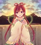  1girl _bosui_ bird blush female hair_ornament hair_rings hair_stick light_rays long_hair long_sleeves looking_at_viewer magi_the_labyrinth_of_magic open_mouth pink_eyes red_hair ren_kougyoku sleeves_past_wrists smile solo straight_hair sunbeam sunlight twintails 