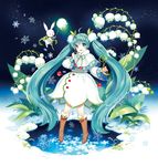  :d absurdly_long_hair ahoge aqua_eyes aqua_hair boots bunny capelet flower fur_trim hairband hatsune_miku headset highres lily_of_the_valley long_hair looking_at_viewer nardack open_mouth sky smile snow snow_fairy_story_(vocaloid) snowflake_print snowflakes star_(sky) starry_sky very_long_hair vocaloid yuki_miku yukine_(vocaloid) 