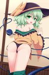  against_wall ass back bad_id bad_pixiv_id bare_shoulders black_panties bow green_eyes green_hair hat hat_bow heart heart_of_string highres isa komeiji_koishi long_sleeves looking_at_viewer looking_back off_shoulder open_mouth panties shirt skirt skirt_pull smile solo third_eye touhou underwear wide_sleeves 