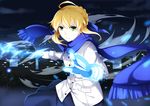  ahoge aqua_eyes artoria_pendragon_(all) blonde_hair blue_scarf ello fate/stay_night fate_(series) gauntlets invisible_air jacket looking_at_viewer night saber scarf short_hair skirt solo transforming_clothes 