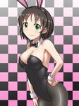  animal_ears black_hair bow bowtie bunny_ears bunnysuit checkered checkered_background covered_navel detached_collar green_eyes harada_miyo idolmaster idolmaster_cinderella_girls pantyhose pataniito short_hair smile wrist_cuffs 