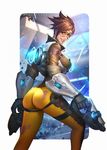  ass bodysuit breasts brown_eyes brown_hair dual_wielding gauntlets gloves goggles grin gun handgun highres holding jacket large_breasts looking_at_viewer looking_back nudtawut_thongmai orange_bodysuit overwatch short_hair smile solo torn_clothes tracer_(overwatch) union_jack weapon 