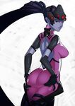  ass bodysuit breasts brown_eyes deep_skin gloves head_mounted_display highres large_breasts light_smile looking_back overwatch pink_bodysuit ponytail purple_eyes solo splashbrush spread_ass visor widowmaker_(overwatch) 