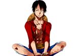  1boy black_hair eilinna hat headwear_removed indian_style monkey_d_luffy one_piece red_shirt scar shirt sitting solo stampede_string straw_hat 