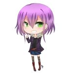  :d boots borrowed_character chibi full_body fur_trim ghost green_eyes hood hood_down hooded_jacket isabelle_(acerailgun) jacket open_mouth original purple_hair shouu-kun signature skirt smile solo thighhighs transparent_background 