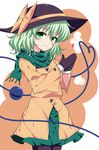  adapted_costume bad_id bad_pixiv_id black_gloves black_legwear bow gloves green_eyes green_hair hat hat_bow heart heart_of_string highres isa komeiji_koishi long_sleeves looking_at_viewer pantyhose scarf shirt skirt smile solo third_eye touhou wide_sleeves winter_clothes 