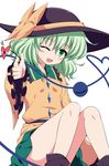  aiming_at_viewer bad_id bad_pixiv_id bow finger_gun green_eyes green_hair hat hat_bow heart heart_of_string highres isa komeiji_koishi long_sleeves one_eye_closed open_mouth shirt sitting skirt smile solo third_eye touhou wide_sleeves 