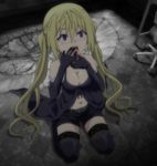  1girl bent_knees blonde_hair boots breasts choker cleavage elbow_gloves fishnet_legwear fishnets gloves hands_on_own_face indoors lieselotte_sherlock long_hair looking_up midriff navel open_mouth purple_eyes screencap shorts sitting sitting_on_floor tears thigh_boots thighhighs trinity_seven twintails 