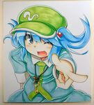 blue_eyes blue_hair hair_bobbles hair_ornament hand_on_hip hat kawashiro_nitori key one_eye_closed open_mouth photo pointing pointing_at_viewer ryuu_(multitask) shikishi short_hair smile solo touhou traditional_media two_side_up 