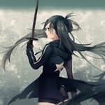  black_hair black_rock_shooter black_rock_shooter_(character) blue_eyes dama_(sindygao) gloves highres holding hood hooded_jacket jacket long_hair looking_at_viewer looking_back short_shorts shorts solo sword twintails very_long_hair weapon 