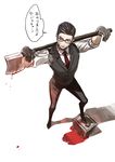  axe black_hair blood blood_on_face bloody_weapon from_above glasses gyaita joseph_oda male_focus necktie safe_(container) solo the_evil_within translated vest waistcoat weapon 