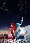  back-to-back bad_id bad_pixiv_id blue_hair boots cape constellation detached_sleeves field flower flower_field gloves inneanis long_hair mahou_shoujo_madoka_magica miki_sayaka multiple_girls pink_hair pointing red_hair sakura_kyouko short_hair skirt sky star_(sky) stargazing starry_sky thigh_boots thighhighs zettai_ryouiki 