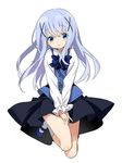  :o blue_eyes blue_hair blush bow bowtie full_body gochuumon_wa_usagi_desu_ka? hair_ornament hairclip kafuu_chino kuroda_bb long_hair long_sleeves looking_at_viewer mary_janes rabbit_house_uniform shirt shoes skirt skirt_tug socks solo uniform v_arms vest waitress white_background white_legwear x_hair_ornament 