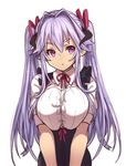  breast_squeeze breasts eyebrows hair_ribbon horns houtengeki large_breasts looking_at_viewer maid original pointy_ears purple_eyes purple_hair ribbon solo twintails upper_body 