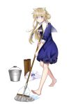  1girl animal_ears barefoot blue_dress blue_eyes boots_removed bucket cat_ears collar dress full_body jewelry kusunokinawate light_brown_hair long_hair mop necklace shirt_removed standing transparent_background water white_collar 