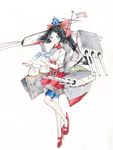  america american_flag anchor black_hair blue_eyes blush bow chain dress_shirt flag flag_print full_body hair_bow highres kantai_collection long_hair looking_at_viewer machinery mary_janes original ponytail print_bow print_ribbon red_skirt ribbon shirt shoes short_sleeves shorts shorts_under_skirt simple_background skirt smile solo traditional_media turret uss_missouri_(bb-63) white_background yorktown_cv-5 