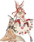  arc_system_works belt beltbra breasts clover coat dark_skin dress elphelt_valentine green_eyes guilty_gear guilty_gear_xrd gun hat multiple_girls orange_eyes ramlethal_valentine short_shorts shorts underboob weapon wedding_dress white_skin 