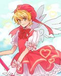  aqua_eyes blonde_hair cardcaptor_sakura cosplay crossdressing dress glove_bow gloves hat heart kasasagi_(petarpan) kinomoto_sakura kinomoto_sakura_(cosplay) kyou_kara_maou! male_focus pink_hat smile solo wand white_gloves wings wolfram_von_bielefeld 