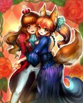  :d animal_ears argyle argyle_background arm_around_waist ascot black_legwear blouse breasts crown fang fate/extra fate_(series) flower fox_ears fox_tail highres juliet_sleeves kishinami_hakuno_(female) long_hair long_skirt long_sleeves looking_at_viewer medium_breasts mini_crown multiple_girls one_eye_closed open_mouth outline pants puffy_sleeves red_flower red_rose rose see-through skirt smile st.microscope standing symbol-shaped_pupils tail tamamo_(fate)_(all) tamamo_no_mae_(fate) thighhighs twintails 