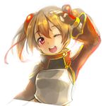  ;d arm_up armor blonde_hair blush breastplate hair_bobbles hair_ornament highres looking_at_viewer one_eye_closed open_mouth red_eyes round_teeth short_hair silica simple_background sketch smile solo sword_art_online teeth two_side_up white_background yamori_(stom) 