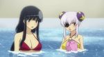  2girls animated animated_gif assisted_exposure bikini black_hair blood blue_eyes breasts cleavage eyepatch ikaruga_(senran_kagura) large_breasts lowres multiple_girls nosebleed red_eyes screencap senran_kagura senran_kagura_(series) swimsuit wardrobe_malfunction white_hair yagyuu_(senran_kagura) 