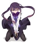  black_legwear blush bow bowtie full_body gochuumon_wa_usagi_desu_ka? gun handgun holding holding_gun holding_weapon jpeg_artifacts kneeling kuroda_bb light_smile long_hair long_sleeves looking_at_viewer pantyhose pistol purple_eyes purple_hair rabbit_house_uniform shirt skirt skirt_tug solo tedeza_rize twintails uniform v_arms vest waitress weapon white_background 